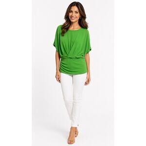 Cynthia Steffe Green Draped Blouse Large Dolman Sleeve Ruched Career Top